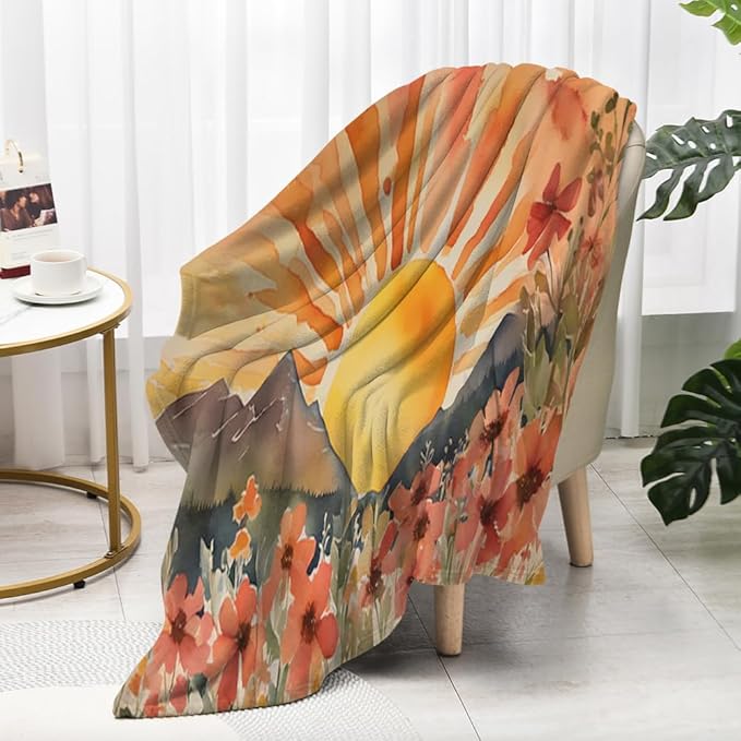 Burn Orange Boho Sunrise Sunset Sun Print Throw Blankets Pink Floral Flower Blanket Modern Abstract Throws Spring Blankets for Couch Boho Decorative Blanket for Sofa Bed Living Room 50"x60"