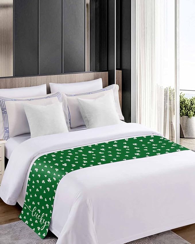 St Patrick's Day Lucky Leaves Bed Runners for Bedroom Hotel,Decorative Bedding Scarf White Shamrock on Green Bed End Blanket Bedding Runner Scarves for Queen Size Bed,94x20in