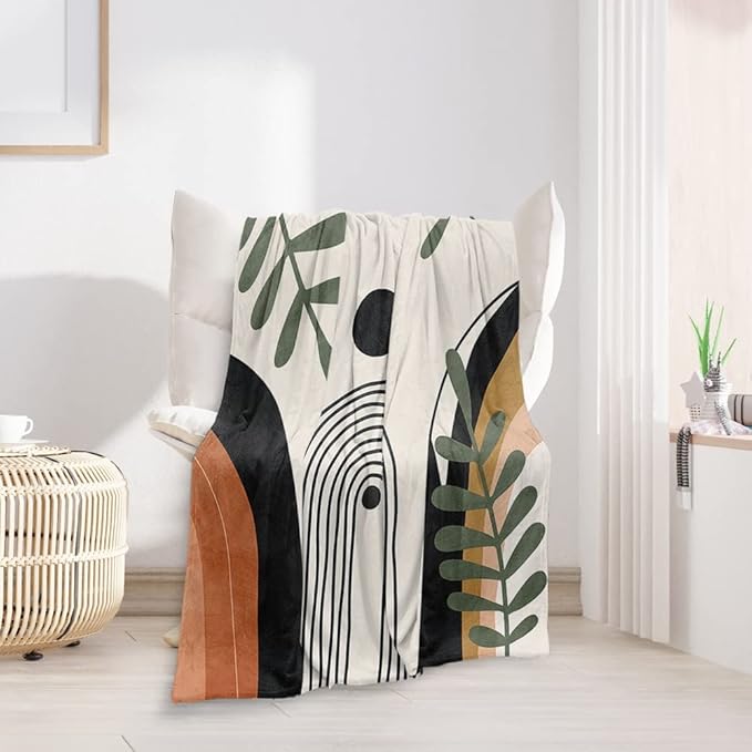 Abstract Modern Throw Blanket Boho Minimalist Mid Century Sun Aesthetic Soft Warm Bed Bedding Women Blankets for Couch Bedroom Sofa Office Cozy Flannel Blanket Orange Beige Black,50"X60"