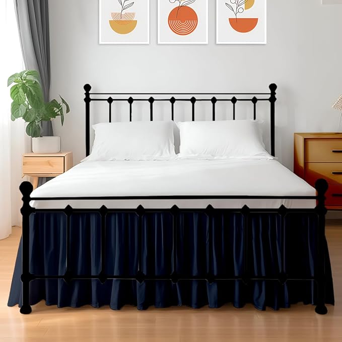 Shreem Linen Ruffled Bed Skirt with Split Corners, Gathered Style, 100% Microfiber, 28-Inch Drop, Dust Ruffle Bedskirt with Platform, Olympic Queen, Navy Blue