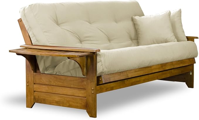 Nirvana Futons Brentwood Tray Arm Futon Sofabed Set - Full Frame, 8" Thick Ivory Mattress, Rich Heritage Finish