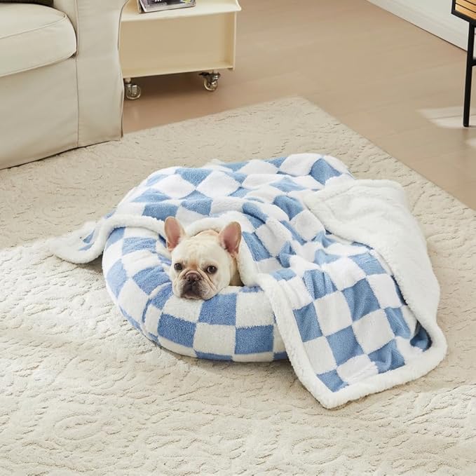 Checkered Dog Blanket, Blue Jacquard Sherpa Blankets for Small Dog and Cats, Cute Aesthetic Style Fluffy Fleece Pets Blanket for Couch Protection Washable, 30"x40"
