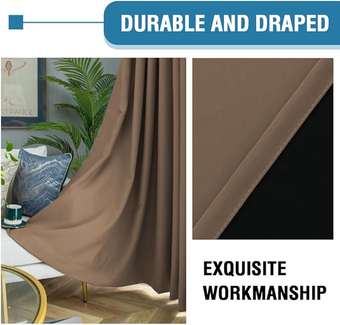 H.VERSAILTEX 100% Blackout Curtains for Bedroom Thermal Insulated Blackout Curtains 54 inch Length Heat and Full Light Blocking Curtains for Living Room with Black Liner 2 Panels Set, Macchiato