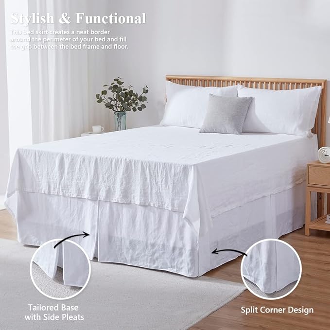 Simple&Opulence Belgian Linen Bed Skirt with Classic 14 inch Tailored Drop Dust Ruffle, Easy Fit Breathable Premium Natural Flax- Basic White, Twin