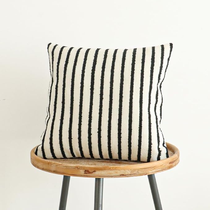 Jonhier White Striped Boho Throw Pillow Cover, Modern Boucle Textured Square Pillowcase for Sofa Couch Bed, Neutral Farmhouse Accent Decorative Cushion Cover for Living Room Bedroom, 20 x 20 inch