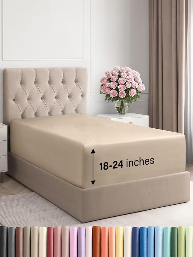 Extra Deep Twin XL Fitted Sheet - Hotel Luxury Single Fitted Sheet Only - Easily Fits 18 inch to 24 inch Mattress - Ultra Soft, Wrinkle & Fade Free w/Extra Deep Pockets - Breathable & Comfy - Cream
