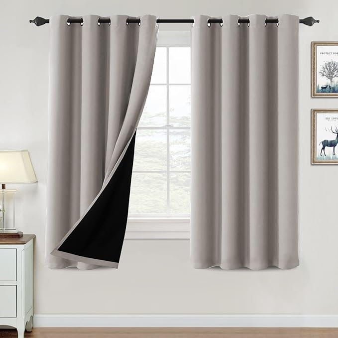 H.VERSAILTEX 100% Blackout Curtains for Bedroom Thermal Insulated Blackout Curtains 63 inch Length Heat and Full Light Blocking Curtains for Living Room with Black Liner 2 Panels Set, Warm Taupe