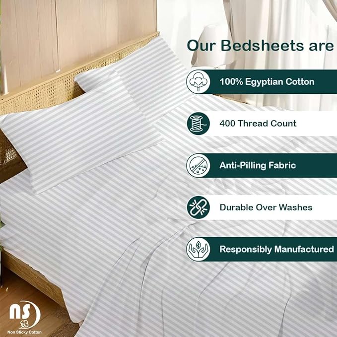 NON Sticky cotton Queen Size Sleeper Sofa Sheets, 4 Piece Egyptian Cotton Bed Sheet Set for Sofa Bed, 6" Deep Pocket Fitted Sheet for Pull Out Couch Mattress, 60" x 75", White Stripe