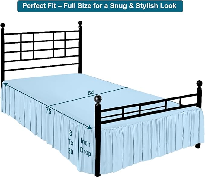 Shreem Linen Ruffled Bed Skirt with Split Corners, Gathered Style, 100% Microfiber, 10-Inch Drop, Dust Ruffle Bedskirt with Platform, Full, Light Blue