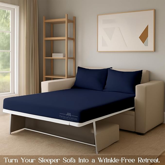 Sleeper Sofa 4 Piece Bed Sheet Set Premium Quality 100% Cotton 500 Thread Count, Smooth & Super Soft Sateen Weave, Extra Soft Bed Sheets, Wrinkle Free, 4 Inch Deep Pocket (Queen, Navy)