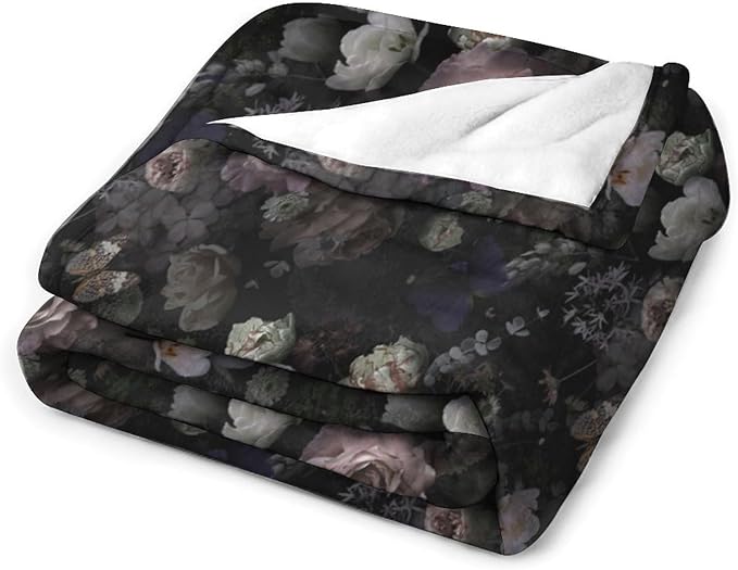 Vintage Gothic Floral Blanket, Black Pink Flower Rose Black Garden Roses Blooming Boho Throw Blankets for Home Bedding Couch Decor, 40"x50"