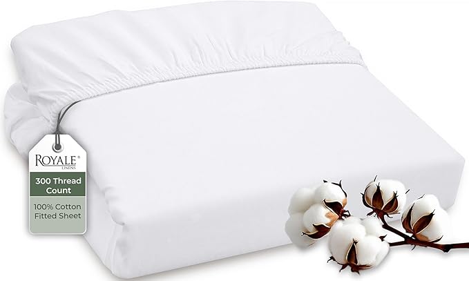 ROYALE LINENS 300 Thread Count 100% Long Staple Combed Cotton Fitted Sheet Full - Super Soft Deep Pocket Bottom Sheet - Fitted Sheets Only - Elastic Sheets (Full, White)