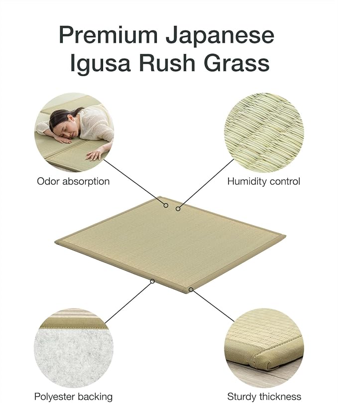 FULI Japanese Square Tatami Rug, Lightweight Igusa Mat (Japanese Rush Grass), Made in Japan (Natural, 6 Pieces)