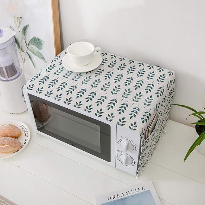 AKOAK 1 Pack 30cm x 90cm/11.81" x 35.43" Household Kitchen Microwave Dust Cover Cotton Linen Oven Cover with Storage Bag Home Decoration Accessories (Green Plants)