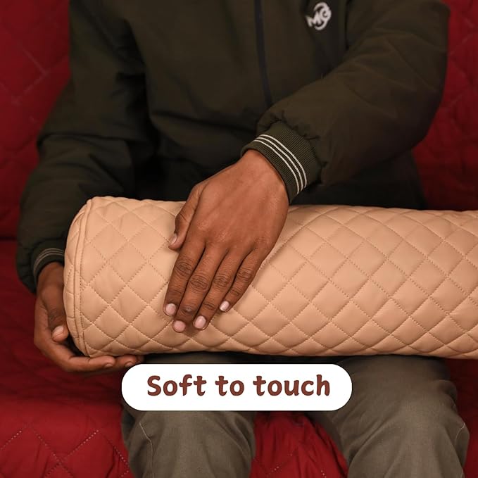 Neck Roll Pillow Cushion Cover, 22x5 Inch Full Moon Round Bolster Pillow Case, Cylinder Soft Lambskin Leather Pillowcase for Head, Spine & Neck Support During Sleep - Quilted Beige Pack of 1
