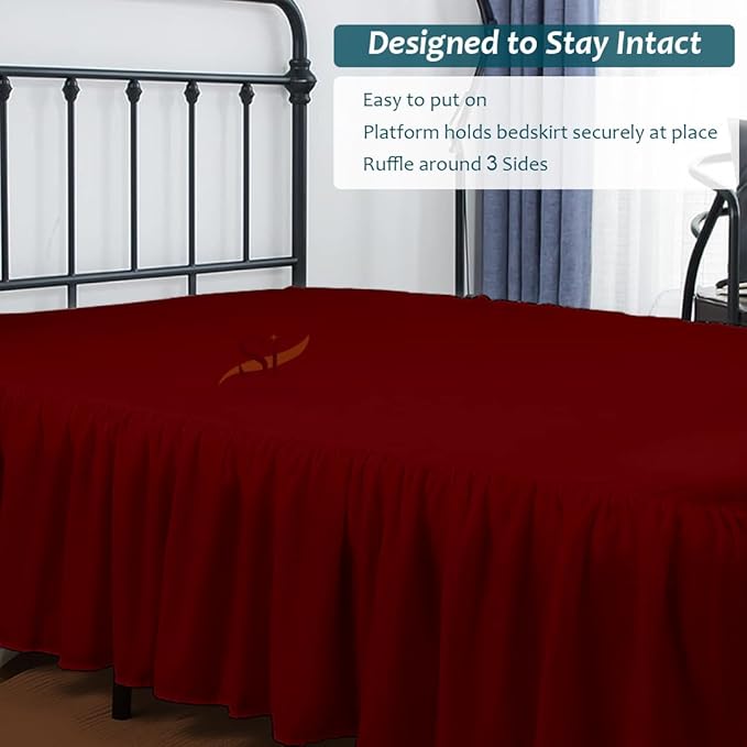 Shreem Linen Ruffled Bed Skirt with Split Corners, Gathered Style, 100% Microfiber, 12-Inch Drop, Dust Ruffle Bedskirt with Platform, Twin-XL, Burgundy