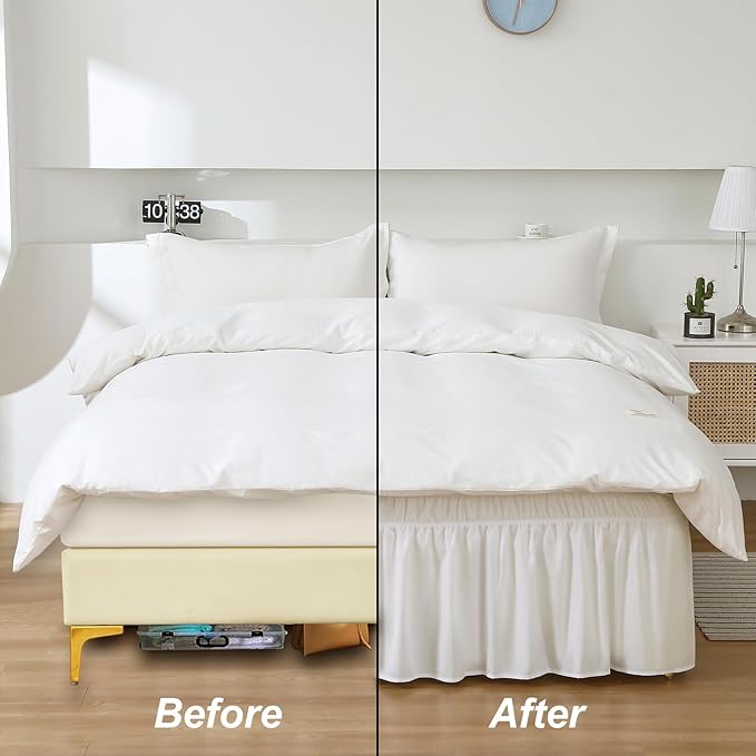 MEILA Wrap Around Bed Skirt Three Fabric Sides Elastic Dust Ruffled 24 Inch Tailored Drop,Easy to Install Fade Resistant-Natural White, Queen/King