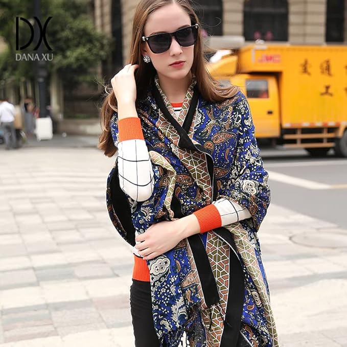 DANA XU 100% Merino Wool Pashmina Shawl for Women 96"x43", Oversized Cashmere Wrap with Tassels, Floral Travel Blanket Cape