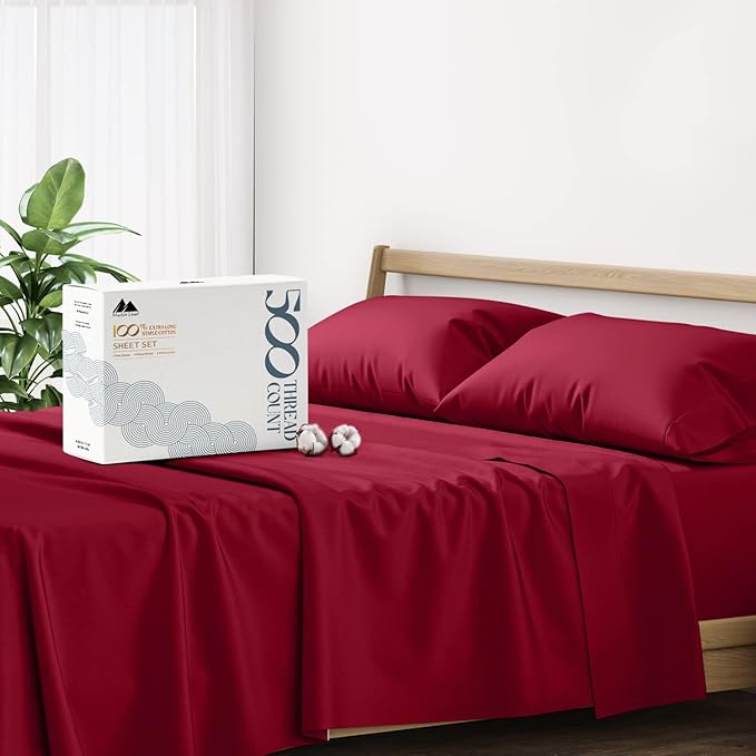 Mayfair Linen 100% Cotton Bed Sheets Queen Set - 500 Thread Count Cotton Sheets for Queen Size Bed, 4 PC Set (Burgundy), Ultra Soft, Cooling, Sateen Weave 16" Deep Pocket Bedsheet for Hot Sleepers