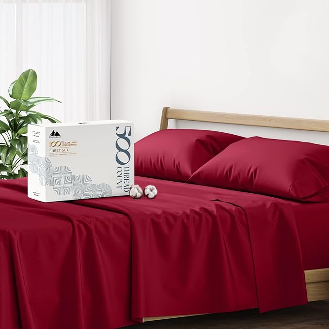 Mayfair Linen 500 Thread Count Split King Sheets Sets for Adjustable Bed - 5 PC Split King Size Bed Sheet Set Cotton (Burgundy), Soft, Cooling, Sateen 16" Deep Pocket Bedsheet (Fits 18" Mattress)