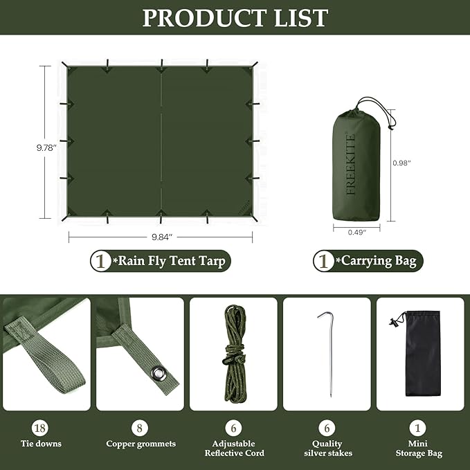 Camping Tarp Tent Portable Multifunctional Bushcraft Backpacking Tear-Resistant Fabric Rain Fly Tarps Awning Shelter Lightweight Waterproof Tarp(10×10 tarp)