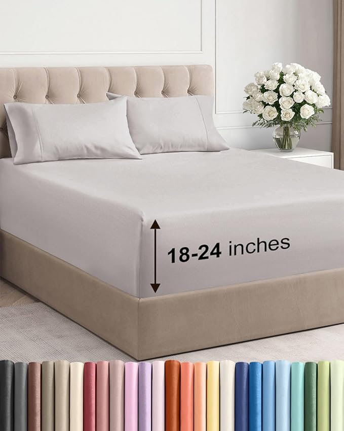 Extra Deep Pocket Full Sheets - 4 Piece Breathable & Cooling Bed Sheets - Hotel Luxury Bed Sheet Set - Soft, Wrinkle Free & Comfy - Easily Fits Extra Deep Mattresses - Deep Pocket Light Grey Sheets