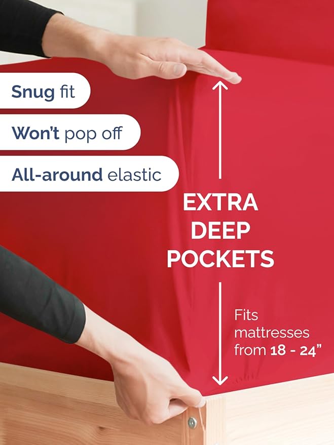 Extra Deep Full Fitted Sheet - Hotel Luxury Single Fitted Sheet Only - Easily Fits 18 inch to 24 inch Mattress - Ultra Soft, Wrinkle Free with Extra Deep Pockets - Easy-Care, Breathable & Comfy - Red