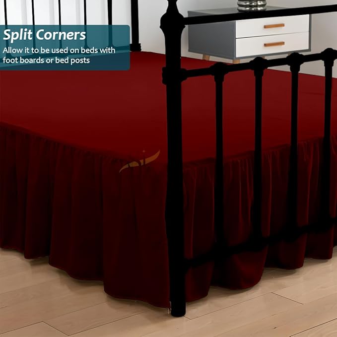 Shreem Linen Ruffled Bed Skirt with Split Corners, Gathered Style, 100% Microfiber, 28-Inch Drop, Dust Ruffle Bedskirt with Platform, Full-XL, Burgundy