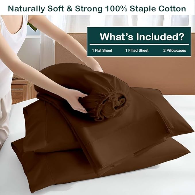 NON Sticky cotton Queen Size Sleeper Sofa Sheets, 4 Piece Egyptian Cotton Bed Sheet Set for Sofa Bed, 8" Deep Pocket for Pull Out Couch Mattress, 60" x 75", Chocolate Solid, Soft & Breathable