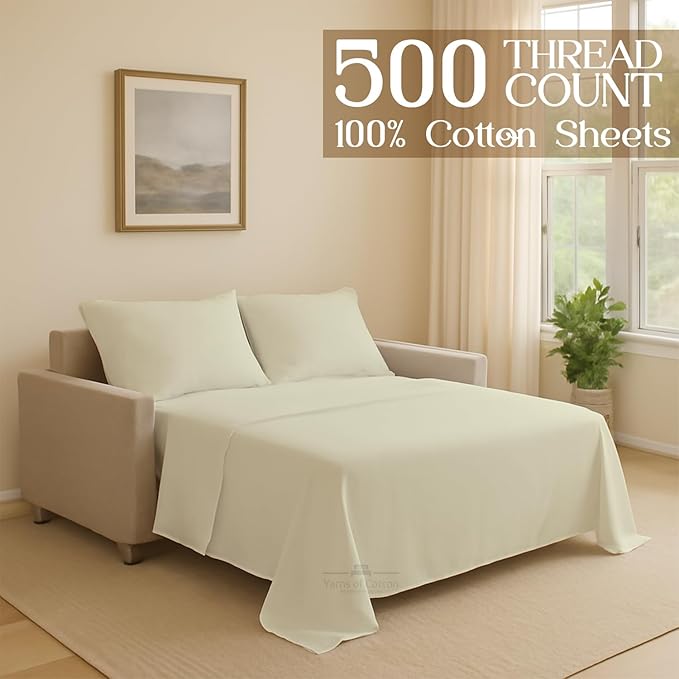 Sleeper Sofa 4 Piece Bed Sheet Set Premium Quality 100% Cotton 500 Thread Count, Smooth & Super Soft Sateen Weave, Extra Soft Bed Sheets, Wrinkle Free, 4 Inch Deep Pocket (Full, Ivory)
