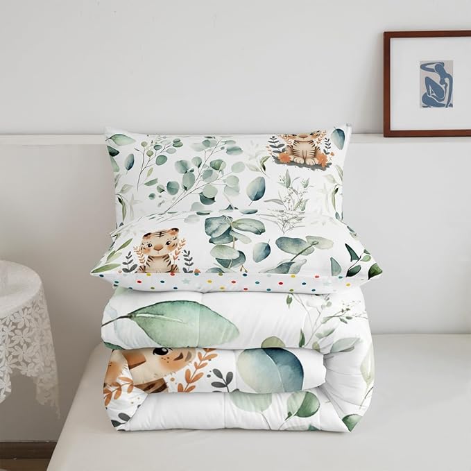 Erosebridal Kids Cute Animal Queen Size Comforter Set for Girls Boys Cartoon Tiger Bedding Set, Spring Eucalyptus Down Comforter Watercolor Leaves Bed Set, Kawaii Jungle Animal Quilted Duvet