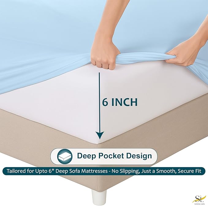Luxury Queen Sleeper Sofa Bed Sheet Set,100% Egyptian Cotton, 338 Thread Count, Queen Size (60 x74 +6 Inch Deep Pocket) Soft and Light Weight 4pcs Sofa Set (Light Blue Solid)