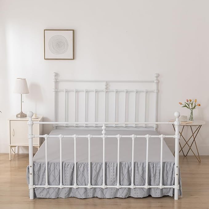 Bed Skirt King Size Ruffled Bed Skirt with Split Corners, 14 Inch Drop Dust Ruffle Bed Skirts with Platform, Boho Tufted Shabby Chic Full Size Bed Skirts, Light Grey