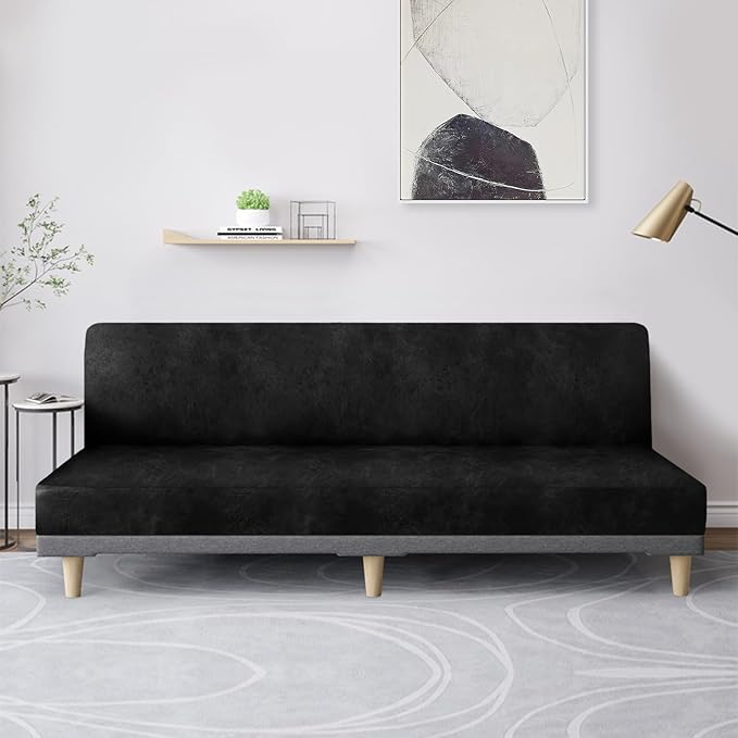 molasofa Leather Like Stretch Futon Slipcover Armless Futon Bed Sofa Cover Furniture Protector with Elastic Bottom, Soft and Washable Futon Cover for Sofa Bed Stay in Place（X Larger，Black）