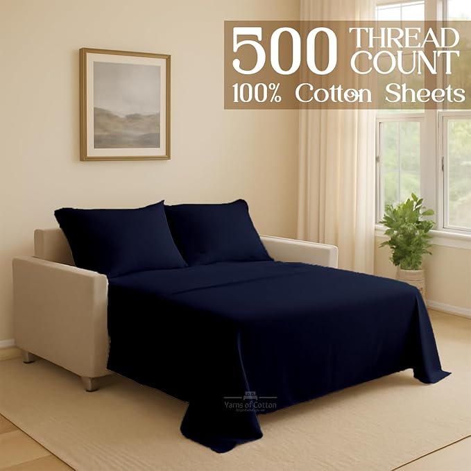 Sleeper Sofa 4 Piece Bed Sheet Set Premium Quality 100% Cotton 500 Thread Count, Smooth & Super Soft Sateen Weave, Extra Soft Bed Sheets, Wrinkle Free, 8 Inch Deep Pocket (Twin, Navy)