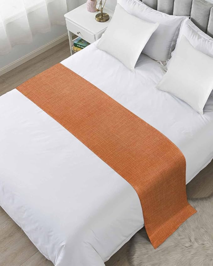 Vintage Orange Linen Burlap Bed Runners for Bedroom Hotel,Decorative Bedding Scarf Farm Fall Thanksgiving Bed End Blanket Bedding Runner Scarves for Twin Size Bed,71x20in