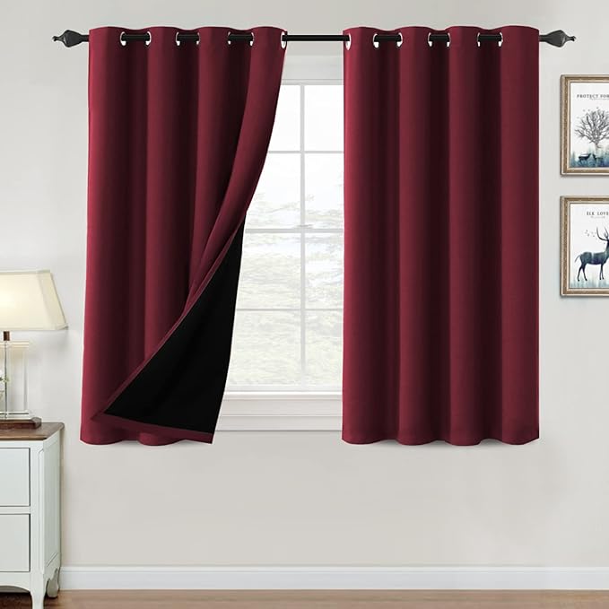 H.VERSAILTEX 100% Blackout Curtains for Bedroom Thermal Insulated Blackout Curtains 45 inch Length Full Light Blocking Curtains for Living Room with Black Liner 2 Panels Set, Burgundy