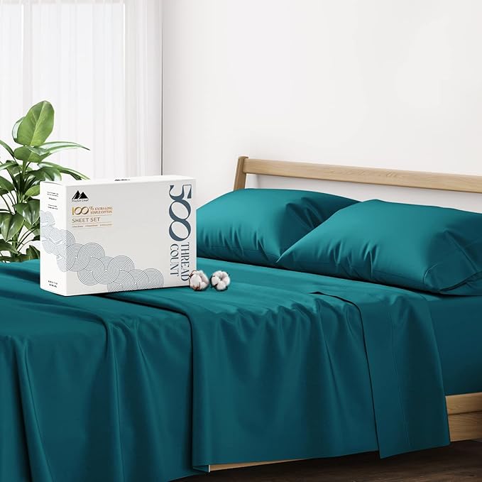 Mayfair Linen 500 Thread Count Split King Sheets Sets for Adjustable Bed - 5 PC Split King Size Bed Sheet Set Cotton (Teal), Soft, Cooling, Sateen Weave 16" Deep Pocket Bedsheet (Fits 18" Mattress)