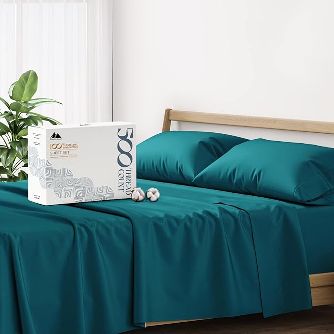 Mayfair Linen 100% Cotton Bed Sheets Queen Set - 500 Thread Count Cotton Sheets for Queen Size Bed, 4 PC Set (Teal), Ultra Soft, Cooling, Sateen Weave 16" Deep Pocket Bedsheet for Hot Sleepers