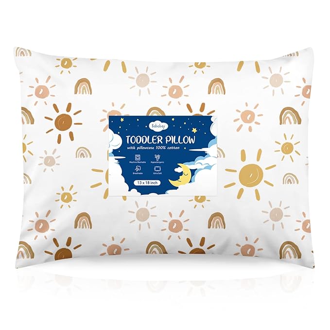 Babebay Toddler Pillow,13X18 Toddler Pillows for Sleeping, Machine Washable Kids Pillow with Pillowcase, Perfect for Travel, Toddlers Cot (Sunshine Rainbow)