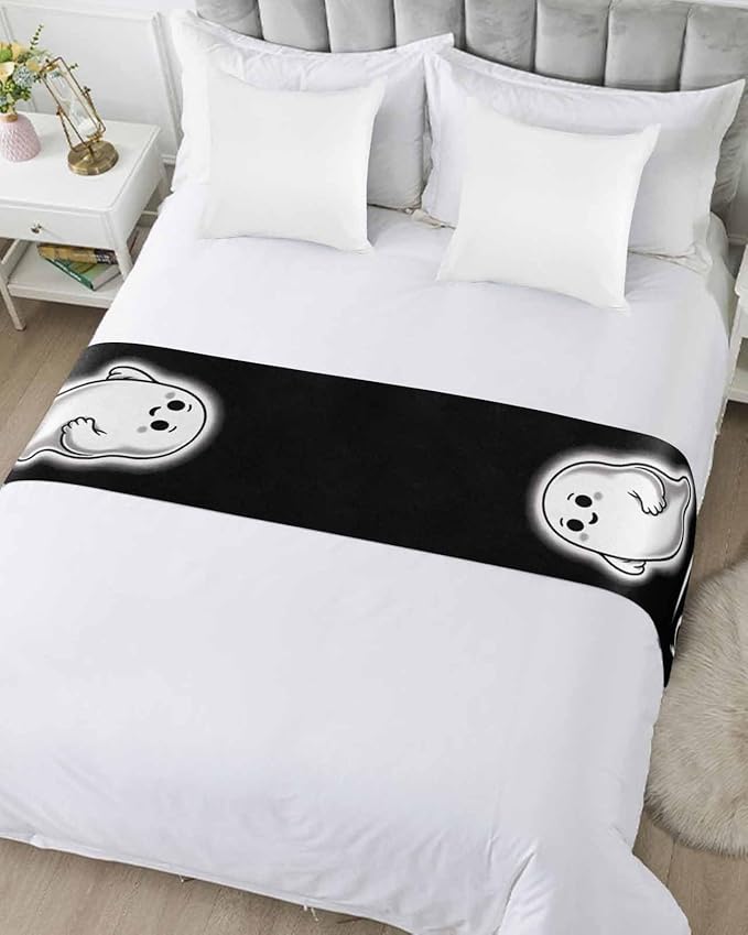Halloween Cute Ghost Boo Bed Runners for Bedroom Hotel,Decorative Bedding Scarf Black and White Bed End Blanket Bedding Runner Scarves for Queen Size Bed,94x20in