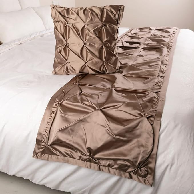 The HomeCentric Beige Bed Runner Without Pillow Cover, Twin Size 53"x18" Decorative Bed Runner, Beige Satin Bed Scarf in Pintucks - Satin Ballet Swirl