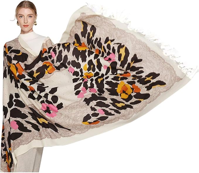 DANA XU 100% Merino Wool Pashmina Shawl for Women 96"x43", Oversized Cashmere Wrap with Tassels, Floral Travel Blanket Cape