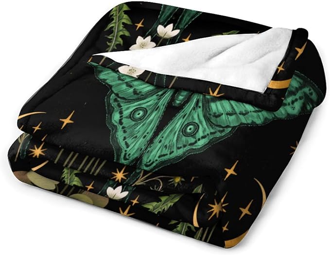 Moon Phase Moth Blanket, Vintage Botanical Mushroom Wildflower Gothic Night Moonlit Mysterious Witchy Throws Blanket for Sofa Bed Couch Chair, 50"x60"
