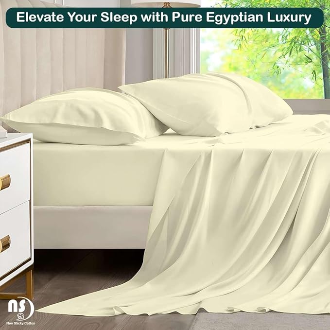 NON Sticky cotton Queen Size Sleeper Sofa Sheets, 4 Piece Egyptian Cotton Bed Sheet Set for Sofa Bed, 7" Deep Pocket for Pull Out Couch Mattress, 60" x 75", Ivory Solid, Soft & Breathable