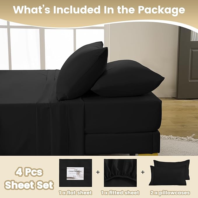 Full Sheet Set - Hotel Luxury 4 Piece Breathable and Cooling Sheets Deep Pocket Sheets Fits 16" Mattress, Easy Care Wrinkle Free Comfy Sheets Set-Bedding Sheet and Pillowcase Set, Black