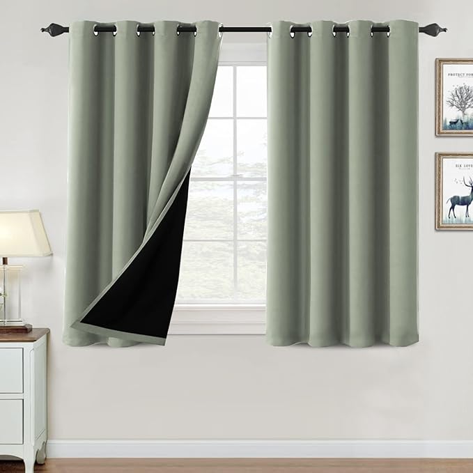 H.VERSAILTEX 100% Blackout Curtains for Bedroom Thermal Insulated Blackout Curtains 45 inch Length Full Light Blocking Window Drapes for Living Room with Black Liner 2 Panels, Light Sage