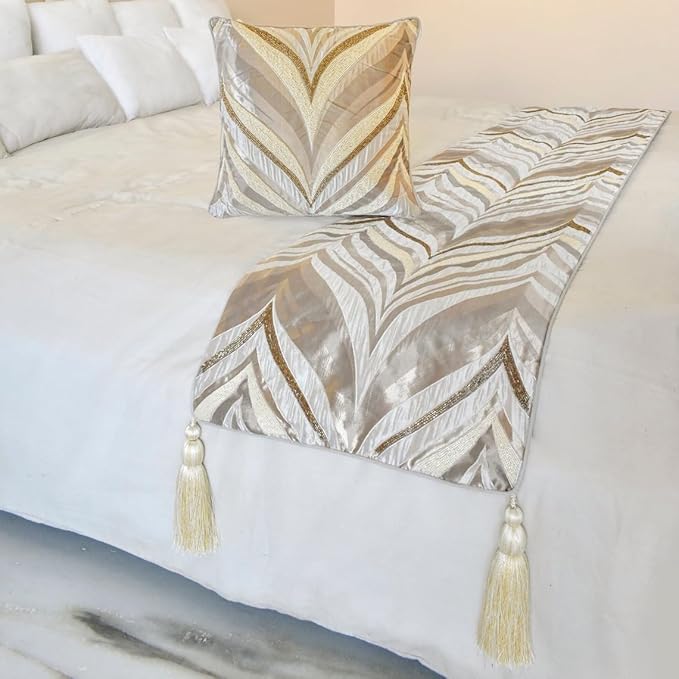 The HomeCentric King/Queen/Twin Ivory Luxury King 90"x18" Bed Runner Without Pillow Cover, Bead Hand Embroidery Bed Scarf on Jacquard Fabric - Clarissa Serene