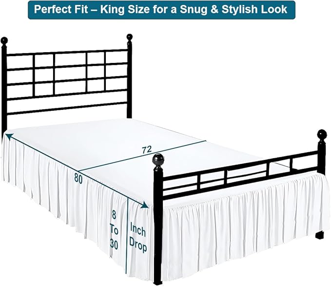 Shreem Linen Ruffled Bed Skirt with Split Corners, Gathered Style, 100% Microfiber, 15-Inch Drop, Dust Ruffle Bedskirt with Platform, King, White