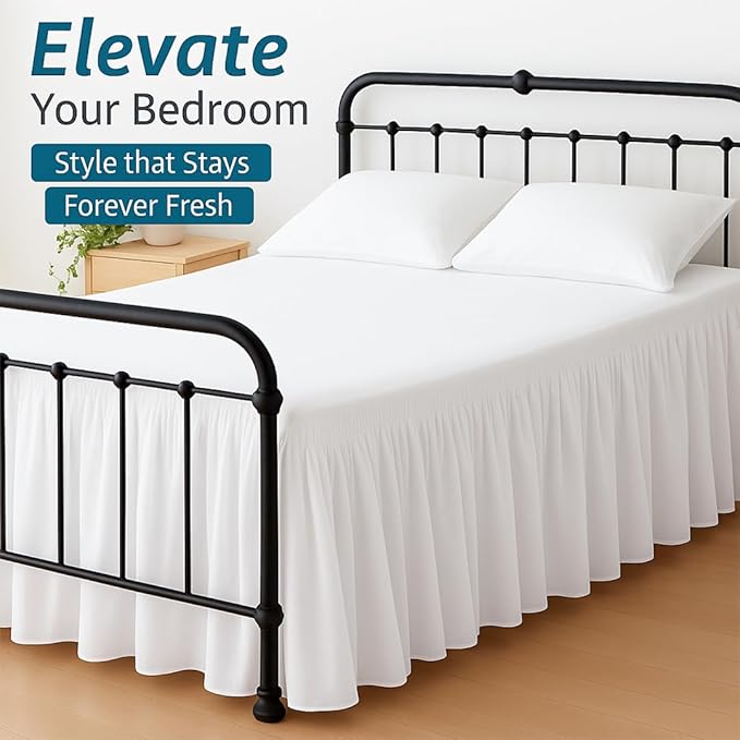 Shreem Linen Ruffled Bed Skirt with Split Corners, Gathered Style, 100% Microfiber, 18-Inch Drop, Dust Ruffle Bedskirt with Platform, Queen-XL, White